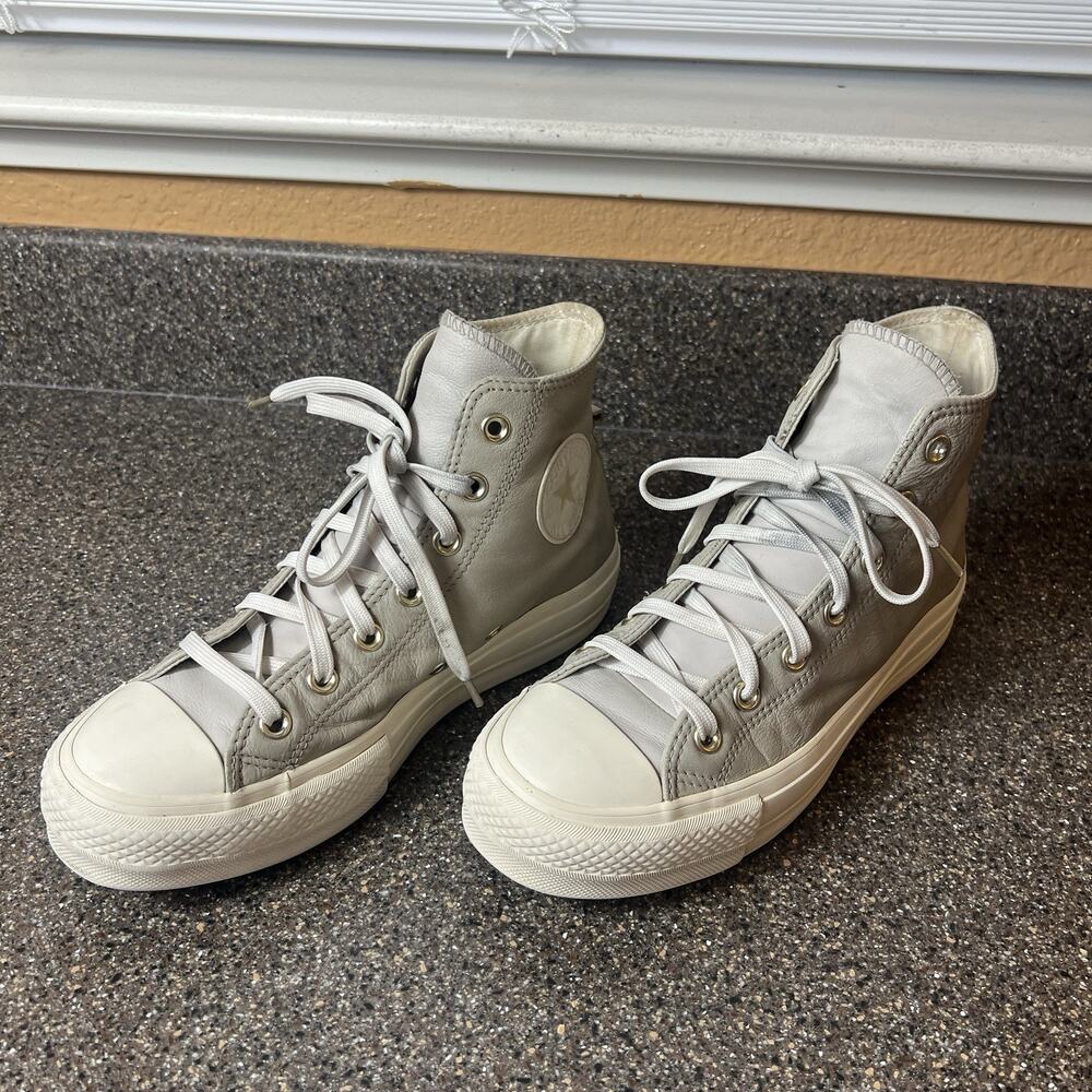 Converse All Star Platform Hi Top Womens Sz 8 Mocha Leather Sneaker Lace Up Shoe - Picture 2 of 9